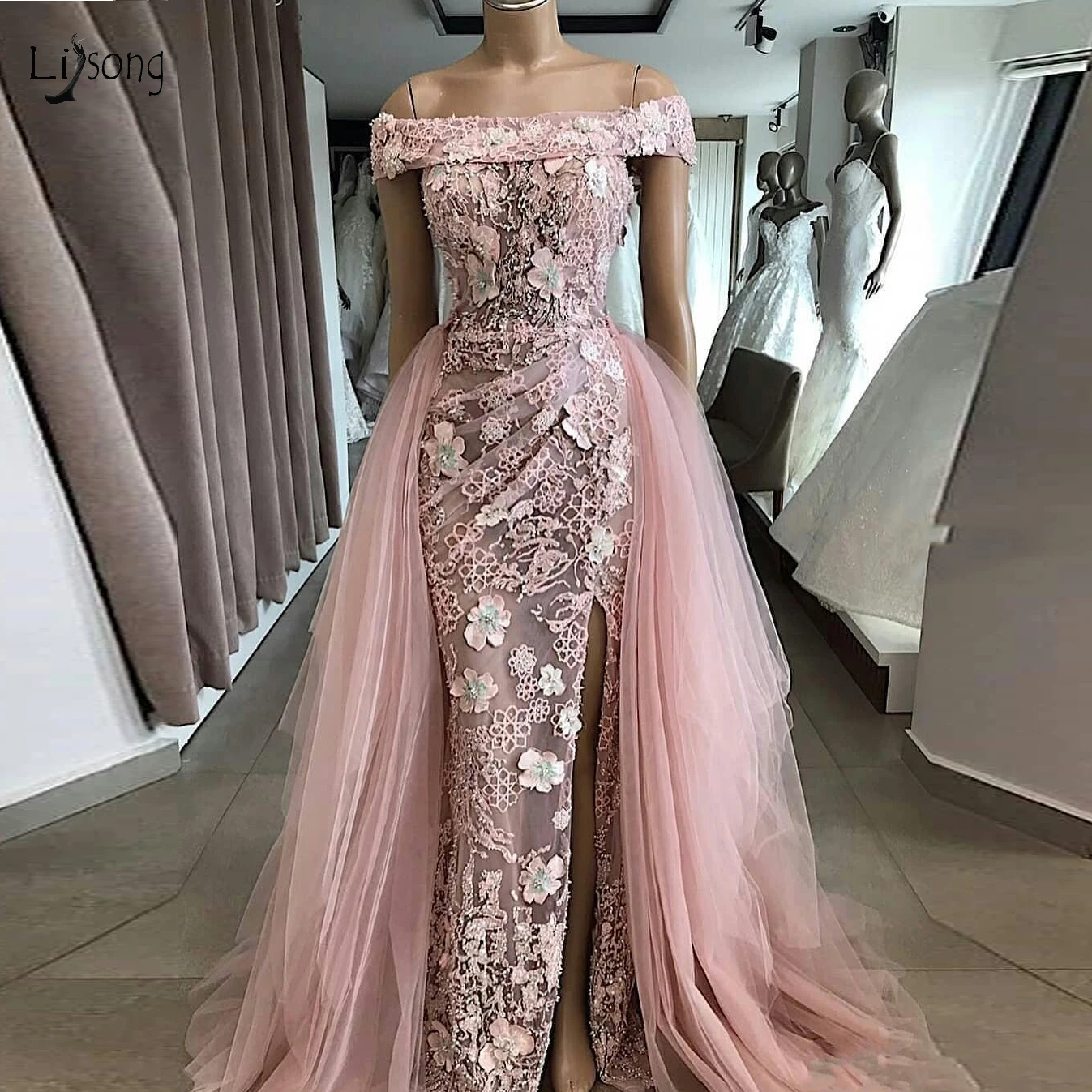 

Charming Pink 3D Flower Mermaid Evening Dresses With Tulle Detachable Train Lace Pearls Side Split Prom Gowns Robe De Soiree