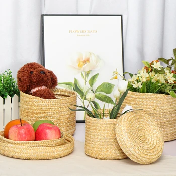 

S/M/L Handmade Straw Woven Storage Basket With Lid Snack Organizer Storage Box Laundry Baskets Rattan Storage Flower Basket