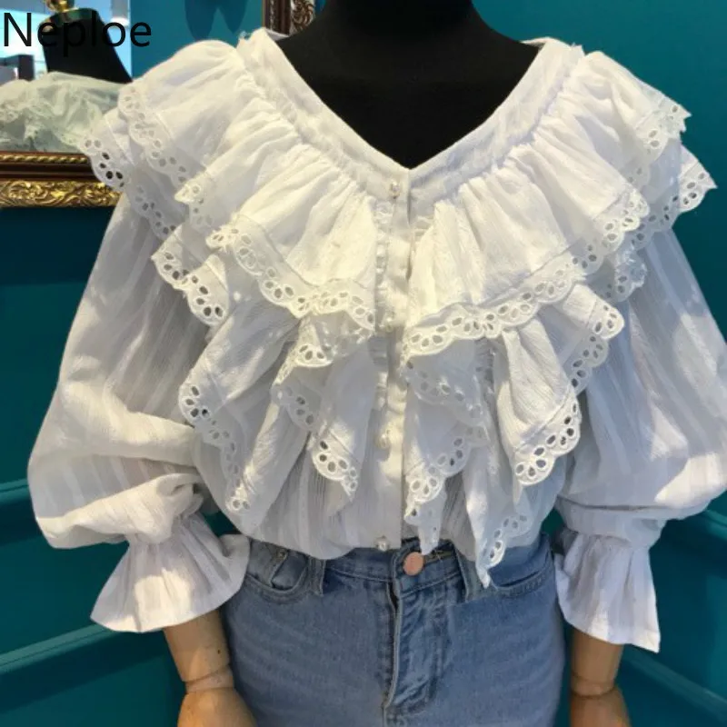 

Neploe 2019 NewTemperament Lace Falre Sleeve Blouse Korean V Neck Patchwork Ruffles Blouse Solid Slim Autumn Chiffon Shirt 45825