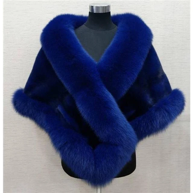 Blue Fashion Fall Winter Fox Artificial Fur Grass Vest Lady Loose Coat Women Vest Party Beauty Over Cloth Top Shawl Cloak Cape