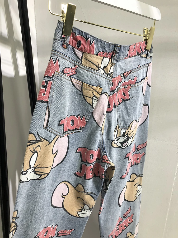 FREE SHIPPING Korean Jeans Cat And Mouse Print JKP4382