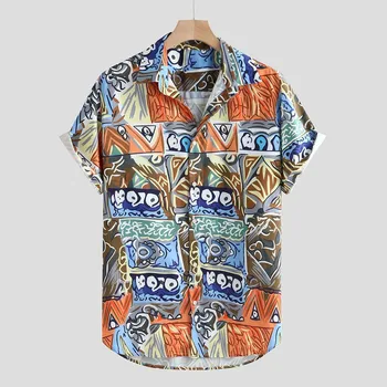 

Hot Sale Mens Shirt Abstract Printing Clothes Ethnic Style Short Sleeve Summer Chemise Homme Loose Casual Hawaiian Shirt #C12