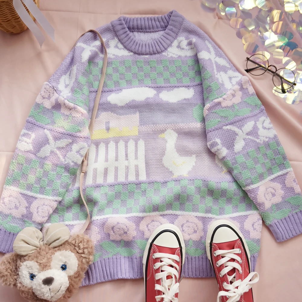 Японский кавайный жаккардовый свободный студенческий вязаный свитер с фиолетовой уткой для девочек-подростков, мягкий пуловер с длинными рукавами для девочек, прямая трикотажная одежда - Цвет: Лаванда