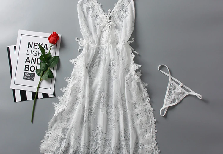 CINOON Sexy Lace Women Sleepwear Sets sleeveless backless Embroidery  Sleepshirt &Robe Adjustable Shoulder Strap Nightdress (16)