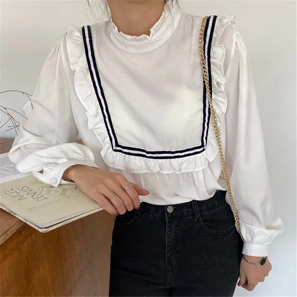 RUGOD Waveselvedge блузка для женщин винтажные блузки с длинным рукавом темно-синий воротник элегантный топ корейская модная одежда женские рубашки на каждый день - Цвет: Белый