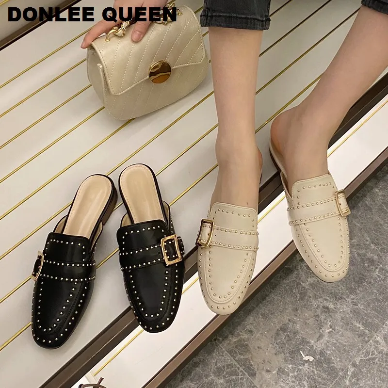 

2020 Brand Designer Women Slippers Slip On Mules Flat Heel Casual Shoes British Rivet Slides Wooden Block Heels Summer Chaussure