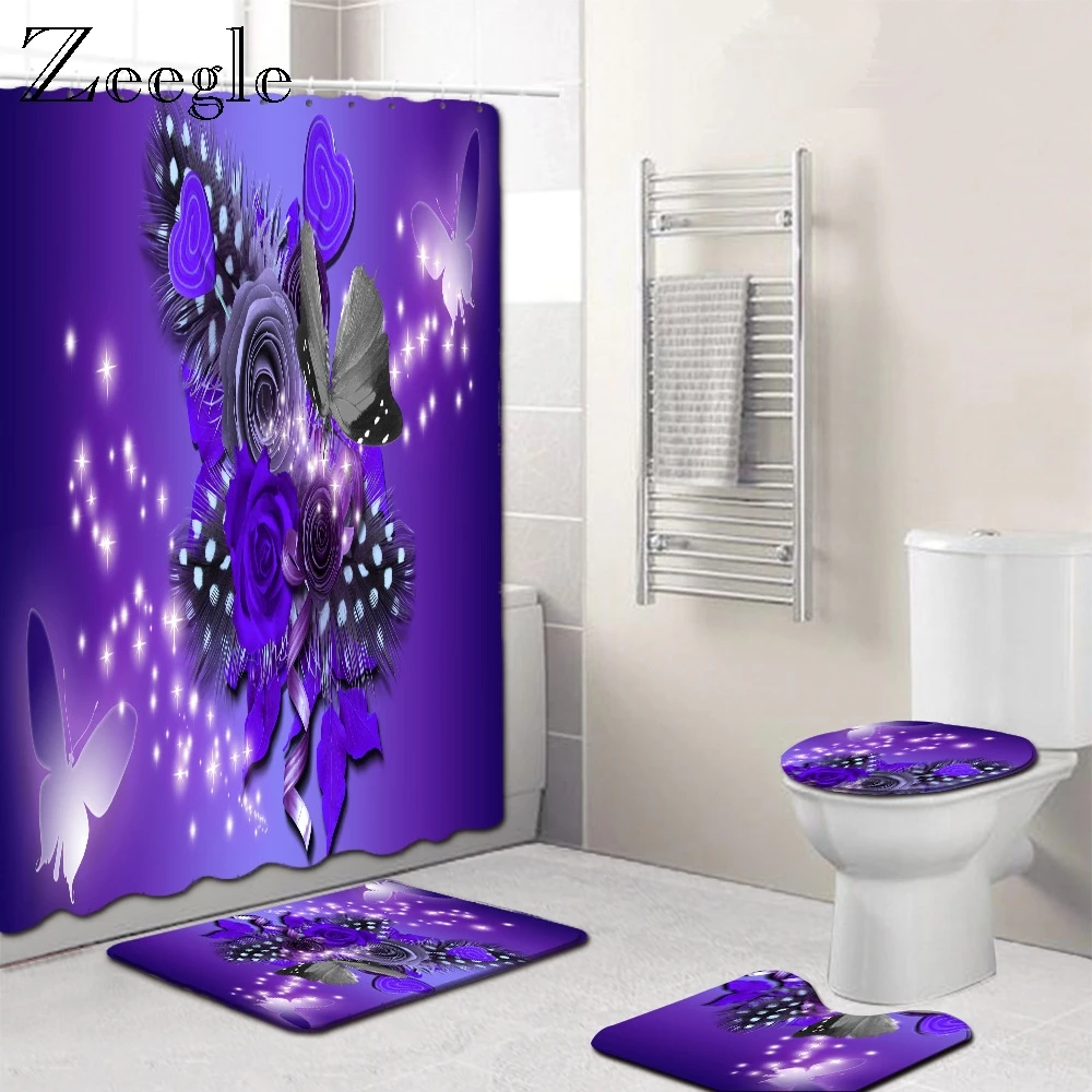 Zeegle Print Flower Shower Curtain 4 Piece Carpet Cover Toilet Cover Bath Mat Pad Set Washable Bath Mat Bath Curtain with Hooks