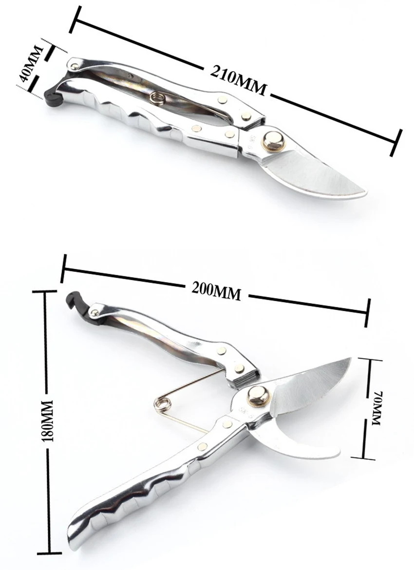 Garden Fruit Branch Shears Bypass Pruners SK5 High Carbon Steel Blade Pruning Shears, Stainless Steel Handle, Safety Lock Design