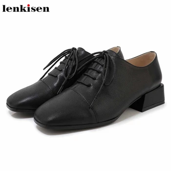 

Lenkisen elegant solid soft genuine leather casual shoes square toe med heels lace up women fashion comfortable basic pumps L70