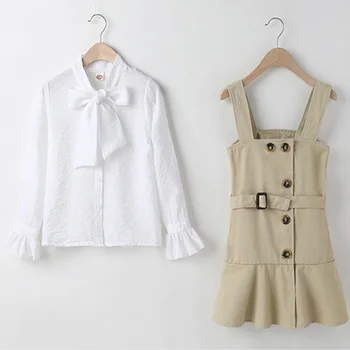

Spring Children Set New Fashion Style Girl Long-Sleeved Solid Color Bow Shirt + Strap Skirt 2-Piece Kids Clothes