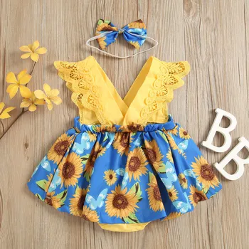 6 12 18 24 Months Newborn Baby Bodysuit Sets With Headband Sleeveless Sunflower Print Romper Infant Outfits Girl Summer Clothing 2