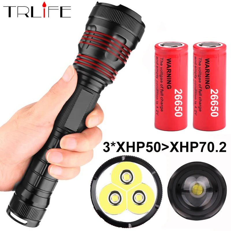

3*XHP50 most powerful LED Flashlight Waterproof XHP70.2 Linterna LED Torch Use 18650 or 26650 Rechargerable Battery Best Camping
