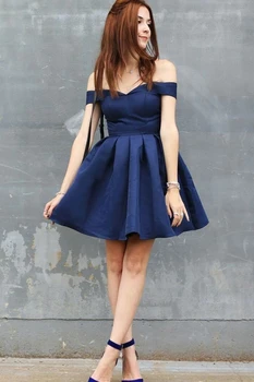 

Navy Blue Satin Prom Dress Off-shoulder Draped Short Homecoming Party Dress
