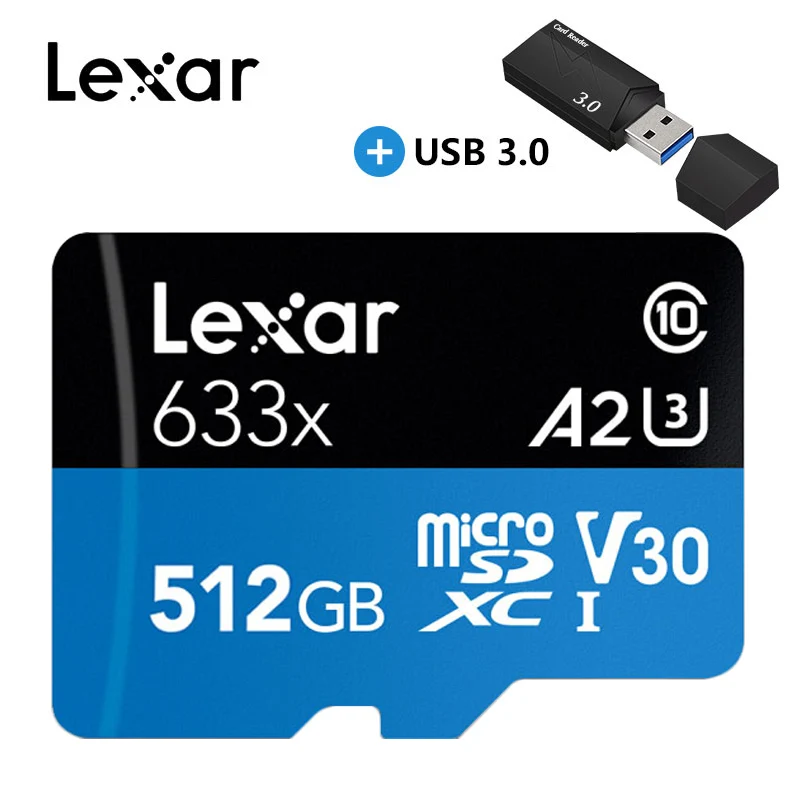 Lexar, 256 ГБ, Micro SD карта, 128 ГБ, карта памяти, высокая скорость до 95 м/с, 64 ГБ, класс 10, 633x, TF карта, 32 ГБ, флеш-карта - Емкость: 512GB and reader