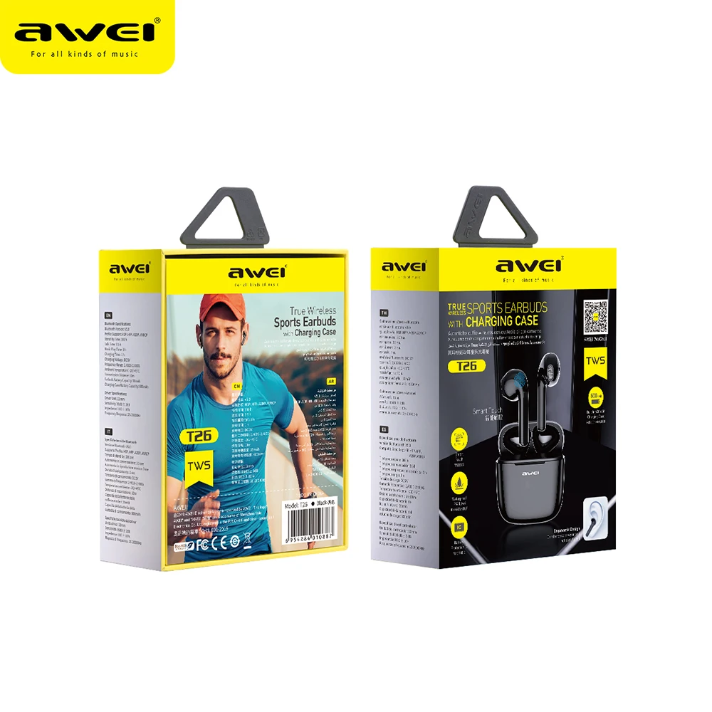 AWEI NEW ARRIVAL T26 Touch Control TWS 5.0 Headphones 3D Stereo Sound Earphone Update Version Wireless Earbuds