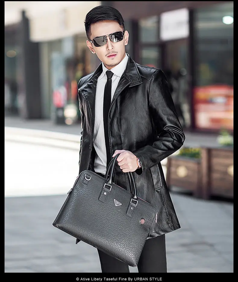 2021 autumn and winter new mid-length men's leather windbreaker jacket casual coat lapel business waterproof black PU coat men's genuine leather coats & jackets