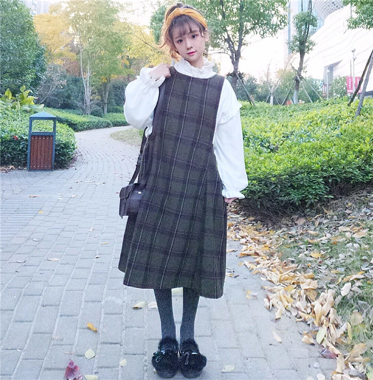 Японский Мори девушка осень зима для женщин длинный сарафан негабаритных плед Винтаж без рукавов Vestidos элегантный шерстяной миди платье на бретелях