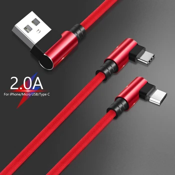 

90 Degree Elbow Micro USB Type C Data Cable For Samsung iPhone Charger Cord Fast Charger Cable L-Shape Strong Braided
