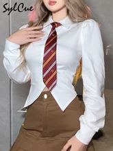 

Sylcue Abstinence Pure White Design Sense Tailoring All-Match Youth Charm Tight-Fitting Elastic Pattern Tie Women's Casual Shirt