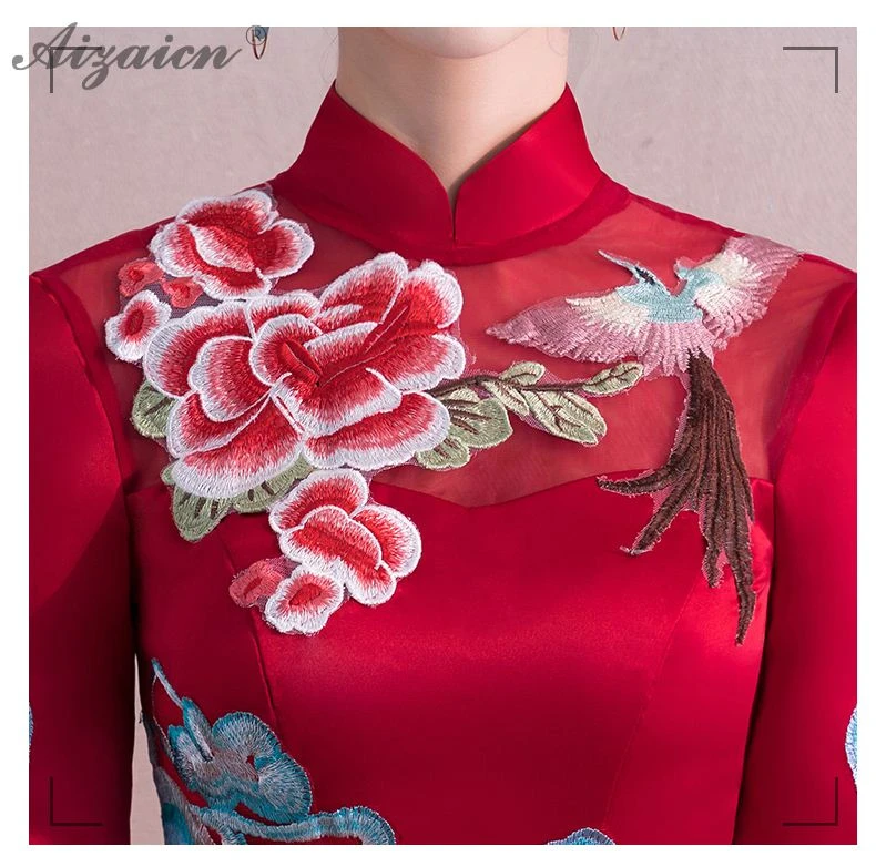 Феникс вышивка длинный Cheongsam красный современный Femme Тонкий Вечерние платья Qi Pao женское традиционное китайское свадебное платье Qipao