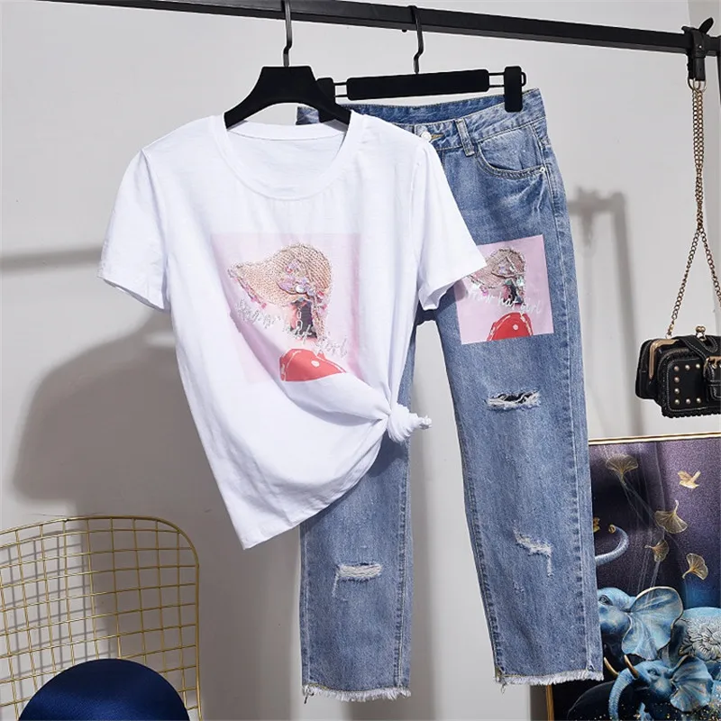 Korean Casual Sets Female Sequins Print 