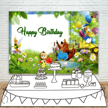 

Masha and The Bear Party Backdrop Supplies Cartoon Happy Birthday Background Tabletop Spring Flowers Green Tree Background