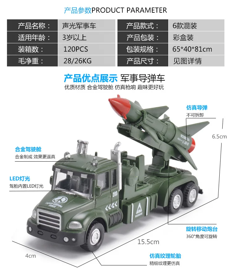 1: 60, брелок для автомобильных ключей, модель военные ракетные грузовой автомобиль светильник в комплекте светильник Music Warrior детская игрушка Лидер продаж