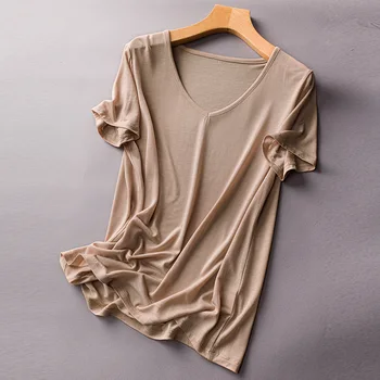 

Spring and summer 2020 new short-sleeved quality casual wild style multi-color V-neck fabric shirt lyocell silk T-shirt women