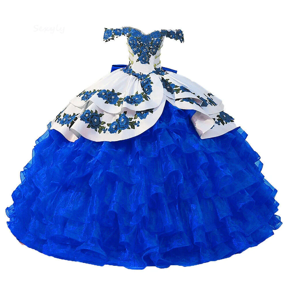 Mexican Blue Quinceanera Dress With Flowers 2022 Off The Shoulder Ball Gown Sweet 16 Dress Organza Ruffles Corset Prom Party