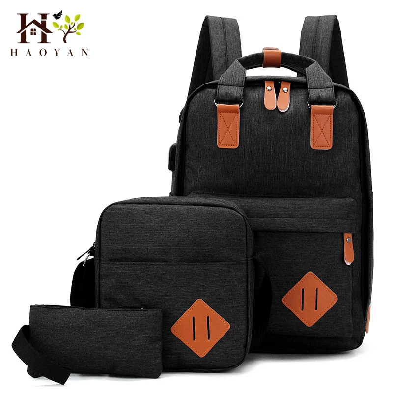 

HAOYAN Nylon Men'S 15.6-Inch Laptop Backpack Large Capacity Three-Piece Backpack With Leather Backpack Student Bag