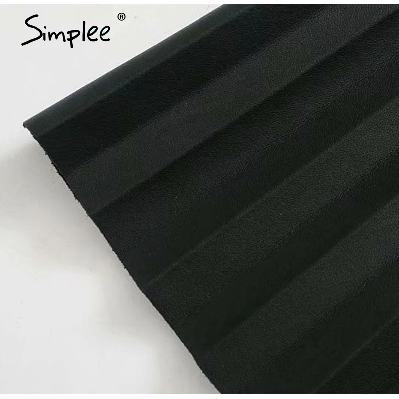 Simplee Fashion artificial leather womens Mini Skirt Striped button A-line short skirt High Street Black Leather Skirt autumn