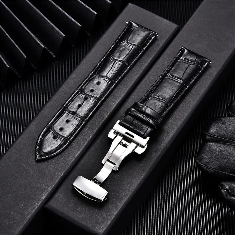 Premium Genuine Leather Watchband with Butterfly Buckle - Elegant Men's Strap Accessory