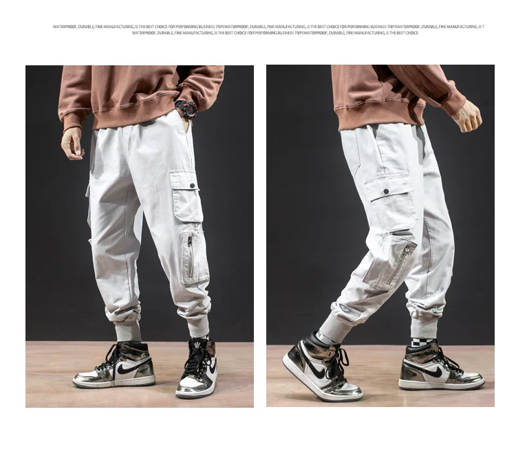 Men's Cargo Pants Cotton Comfortable Drawstring Multi-pocket Joggers Trousers Solid color Beam Foot Cargo Pants Men Autumn