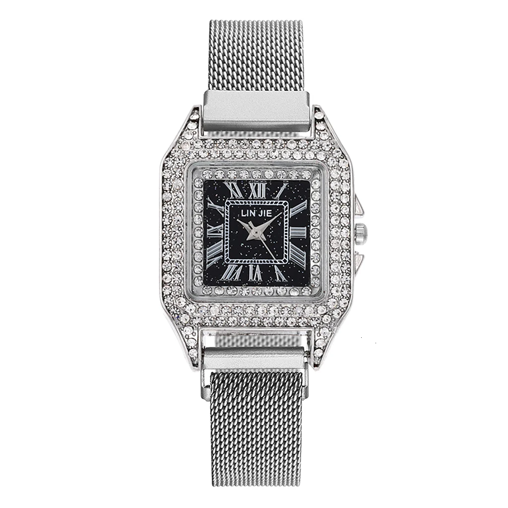 Women Magnet Buckle Square Case Shape Diamond Watch Luxury Ladies Stainless Steel Belt Quartz Watches Gift Clock