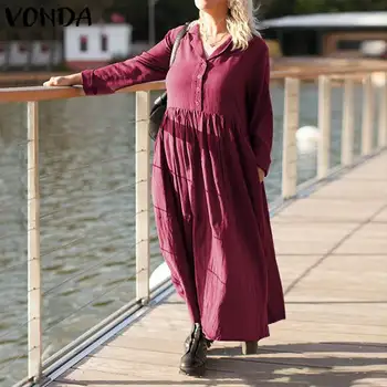 

VONDA Autumn Women Dress Casual Solid Color Long Sleeve Maxi Shirt Dresses Ladies Elegant Beach Sundress Bohemian Vestidos 5XL