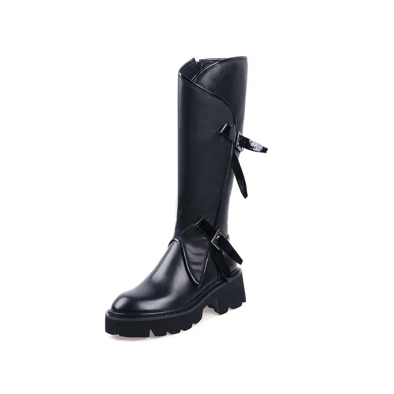 Сапоги до колена из натуральной кожи на высоком толстом каблуке и платформе женские сапоги с пряжкой модная мотоциклетная обувь осень-зима размер 41, 42 - Цвет: Черный