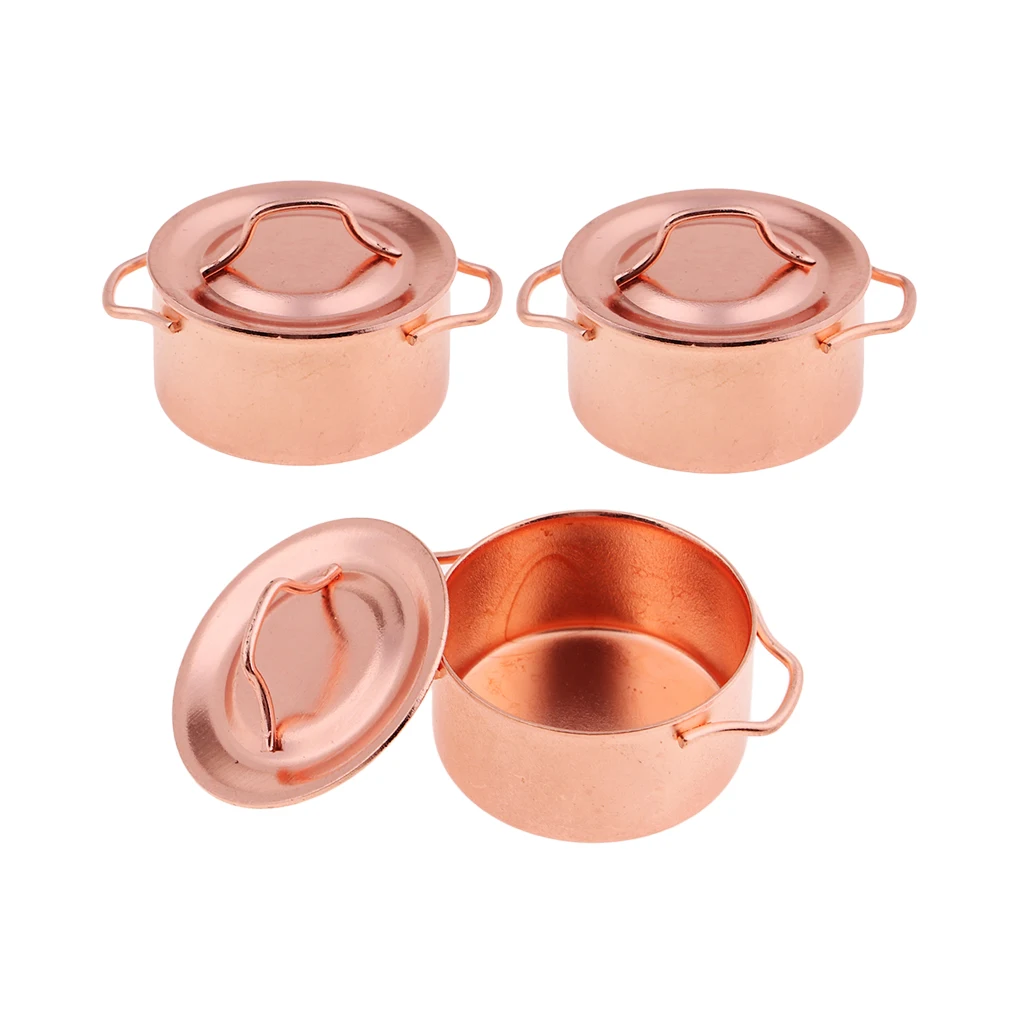 3 Sets Metal Spotted Pan Soup Pot Cookware Dollhouse Miniature Furnitures Mini Home Kitchen Rooms Decoration 1/12 Scale