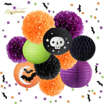 

NICROLANDEE Halloween Party Decoration Black Orange Tissue Pom Poms Skull Paper Lantern Bat Spider Table Confetti Party Decor