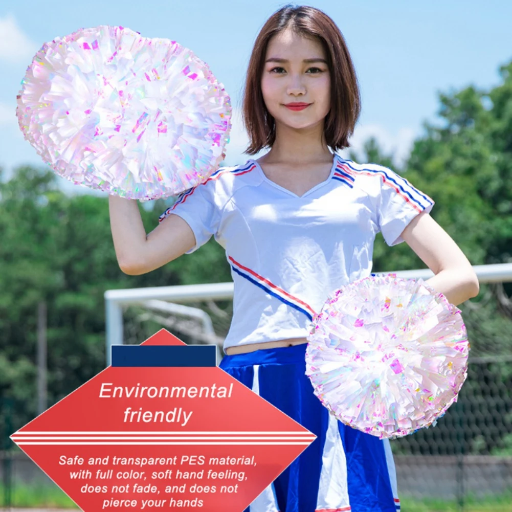Description Picture 4 of item1 Pair Cheerleader Pom Poms Rainbow Flower Ball Metallic  Cheerleading Pompoms Cheer Pom Majorettes Bouquet Plastic Handles