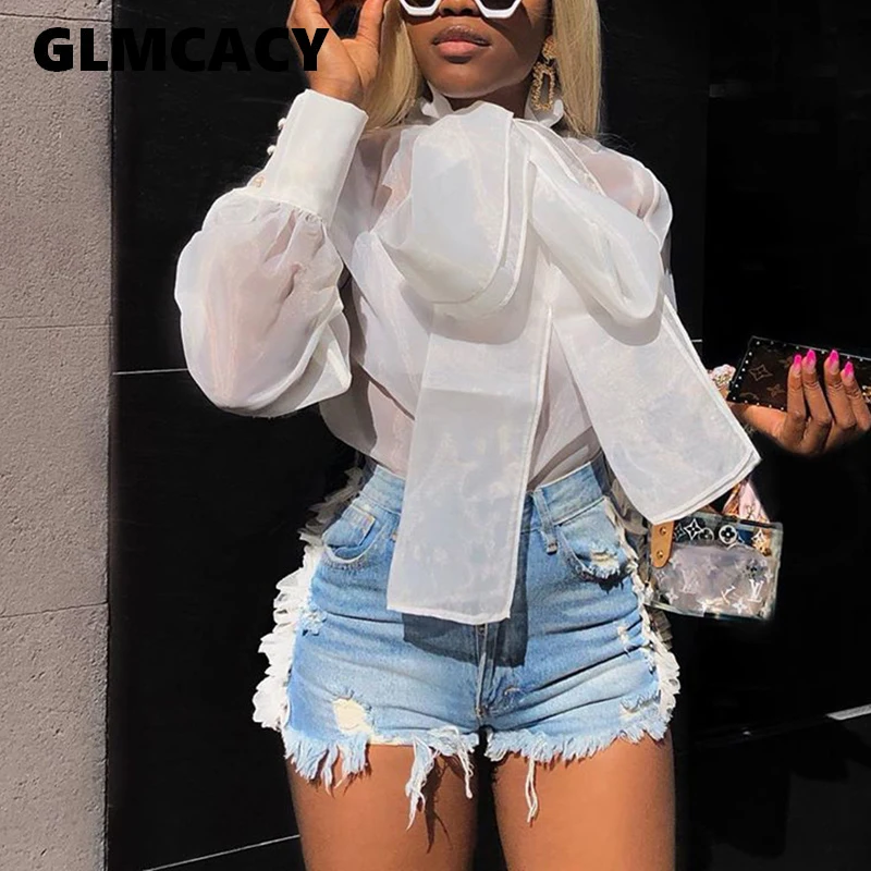 

Women Summer Fall Chic Tops Bowtie Neck Lantern Sleeve White Shirts Elegant Slim Fit Party Tops Streetwear