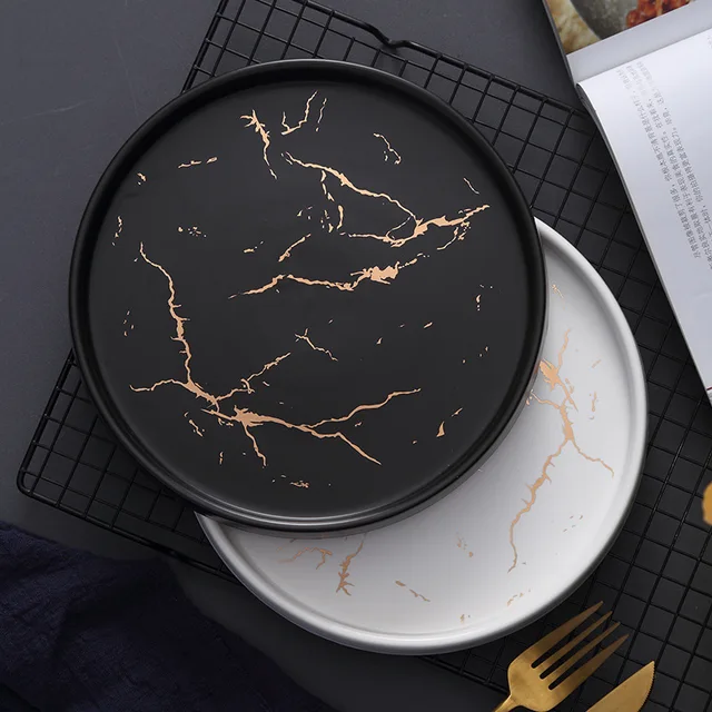 8 Hüvelykes Fő Kurzus Lemez Kerámia Edények Steak Márványminta Arany Pizza Tányéros Tányér - Image 2
