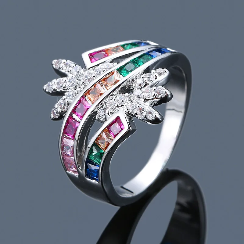 Элегантный женский циркон с радужным блеском Корона кольцо роскошное серебряное желтое золото Цвет Любовь кольцо Винтаж Белый Камень обещают кольца для женщин