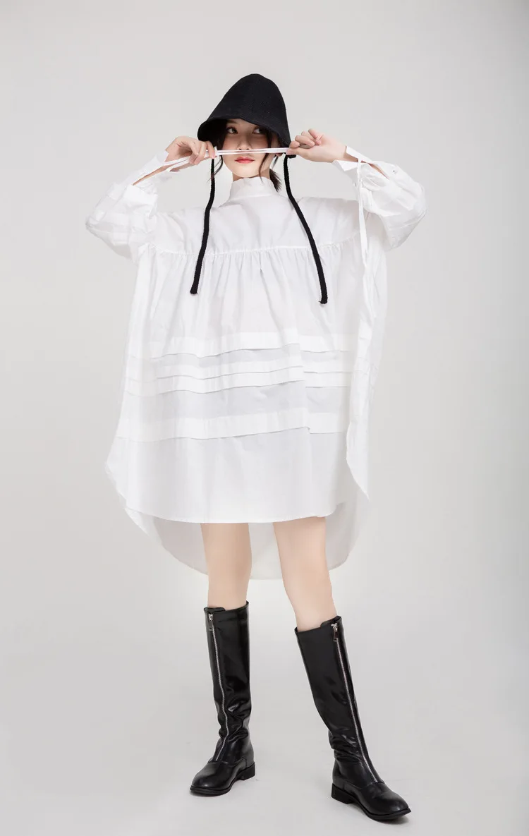 [EAM] женское белое платье с оборками, с разрезом, большого размера, новинка, воротник-стойка, длинный рукав, свободный крой, Мода весна-осень, 1B891