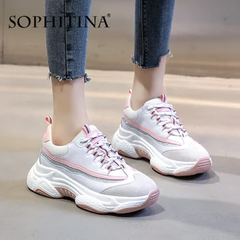 

SOPHITINA Fashion Sneakers Women Mixed Colors Cross-Tied Design Lace-Up High Quality Cow Leather Shoes Casual Flats Women MO468