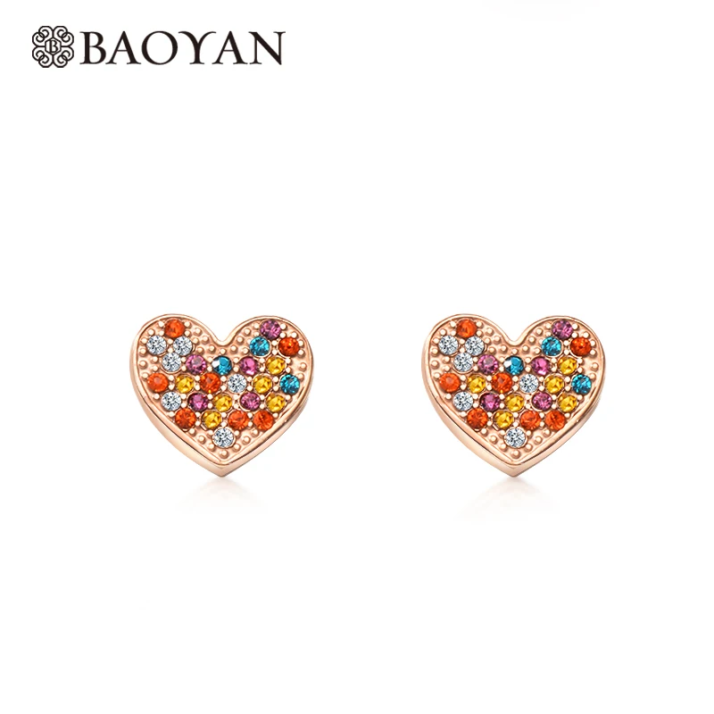 

Baoyan Fashion Rainbow Crystal Heart Earrings Silver/Rose Gold Plating Small Stainless Steel Love Heart Stud Earrings For Women