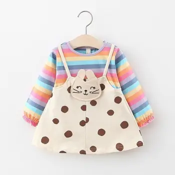 

Dresses Baby Girl Spring Petticoat stripe Pattern Crew Neck Casual Cute Cat Baby Girl Cotton Soft Dresses Clothes Full Sleeve