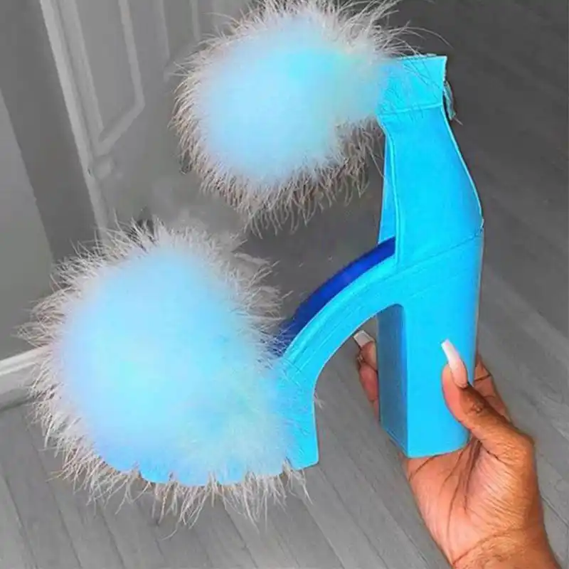 Blue fluffy heels Clearance