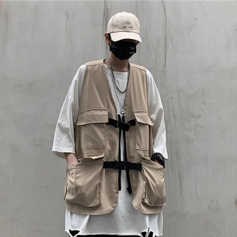 

Cotton Vest Men's Fashion Solid Color Casual Multi-pocket Tooling Wind Vest Jacket Men Streetwear Wild Loose Couple Gilet
