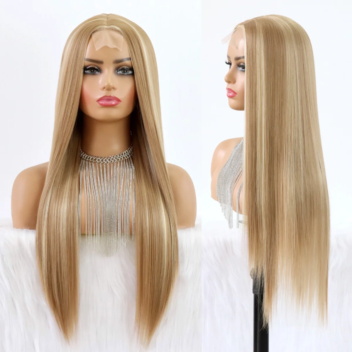 Omber Lace Wig Straight Hair Ombre Light Brown Color 22 Long Wigs Glueless Heat Resistant Fiber Hair Synthetic Lace Wig