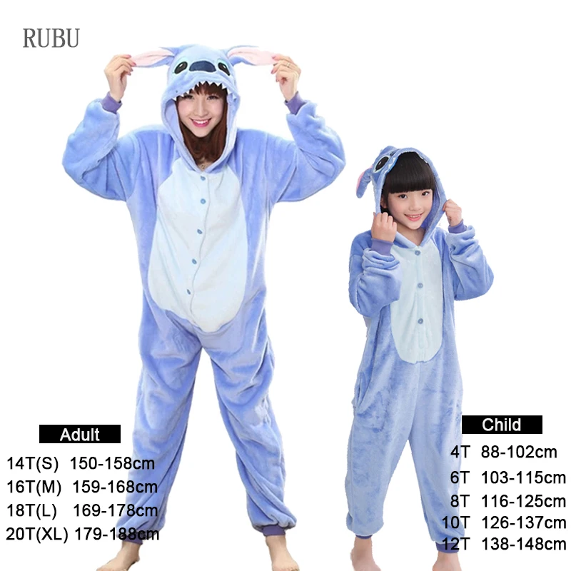 Blue stitch Пижамы для девочек с единорогом, комбинезон для женщин, кугуруми, панда, зимняя Пижама с животными, пижамы для взрослых с изображением Льва, оленя, детская одежда для сна для мальчиков, Комбинезоны - Цвет: Blue stitch